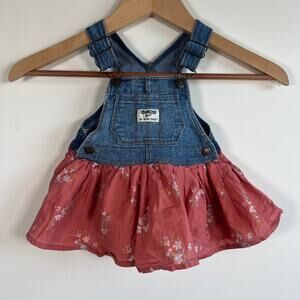 OshKosh B’gosh Denim Overall Dress Floral Skirt Blue Pink Size 12M